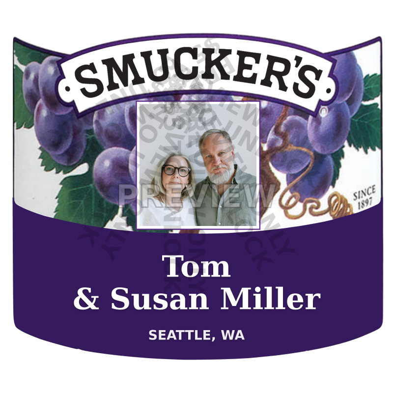 personalized Smucker's label for anniversary with couple's names and photo